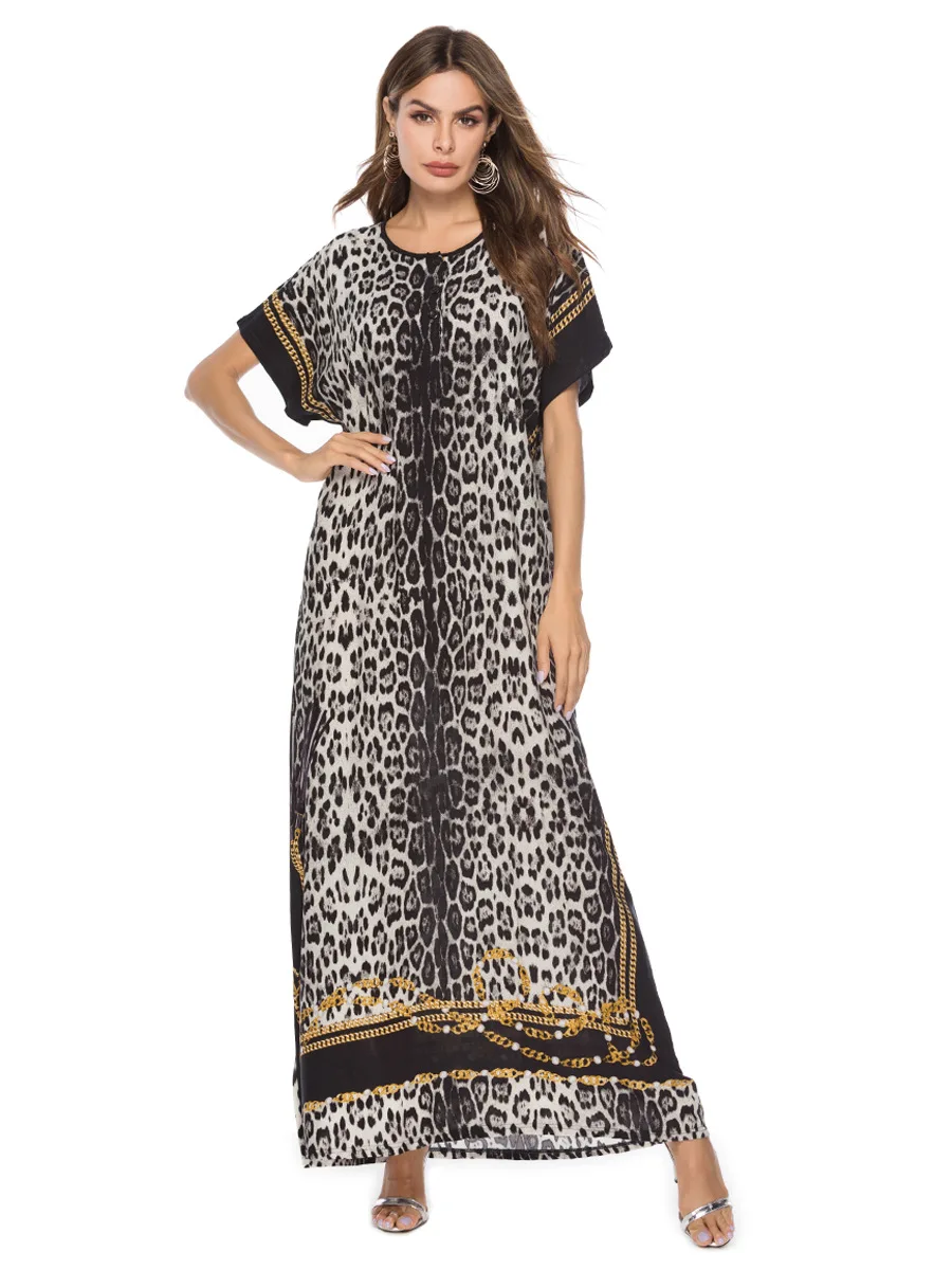 Летнее женское мусульманское платье размера плюс с леопардовым принтом модное исламское свободное богемное платье кафтан ОАЭ Рамадан халат VKDR1676