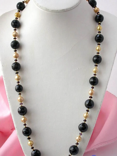 

huij 002435 30" 14MM black agate bead gold pearl NECKLACE