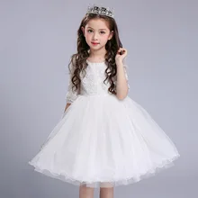 Милое белое кружевное Сетчатое праздничное платье с короткими рукавами и цветочным узором для девочек; одежда для малышей; детское платье для крещения, дня рождения, крестин