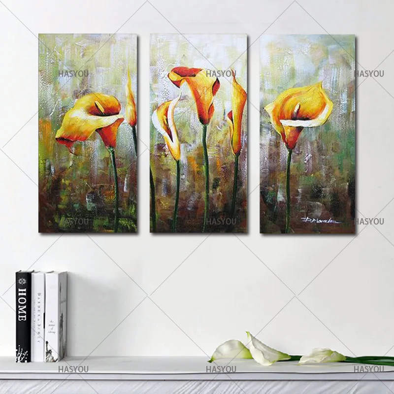 Hand-Painted-3pcs-Modular-Calla-Lily-Flower-Picture-Oil-Painting-On-Canvas-Wall-Art-Gift-Living