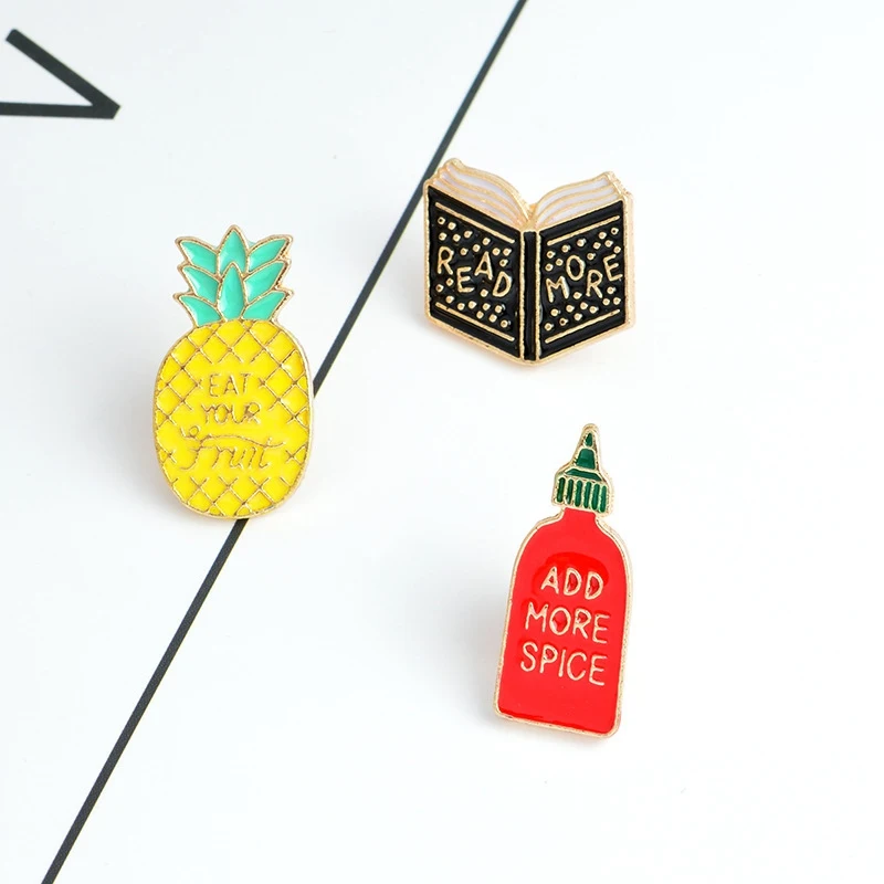 

Enamel pins Book pineapple spice bottle pins "READ MORE,ADD MORE SPICE,EAR YOUR FRUIT" badges funny pins jewelry