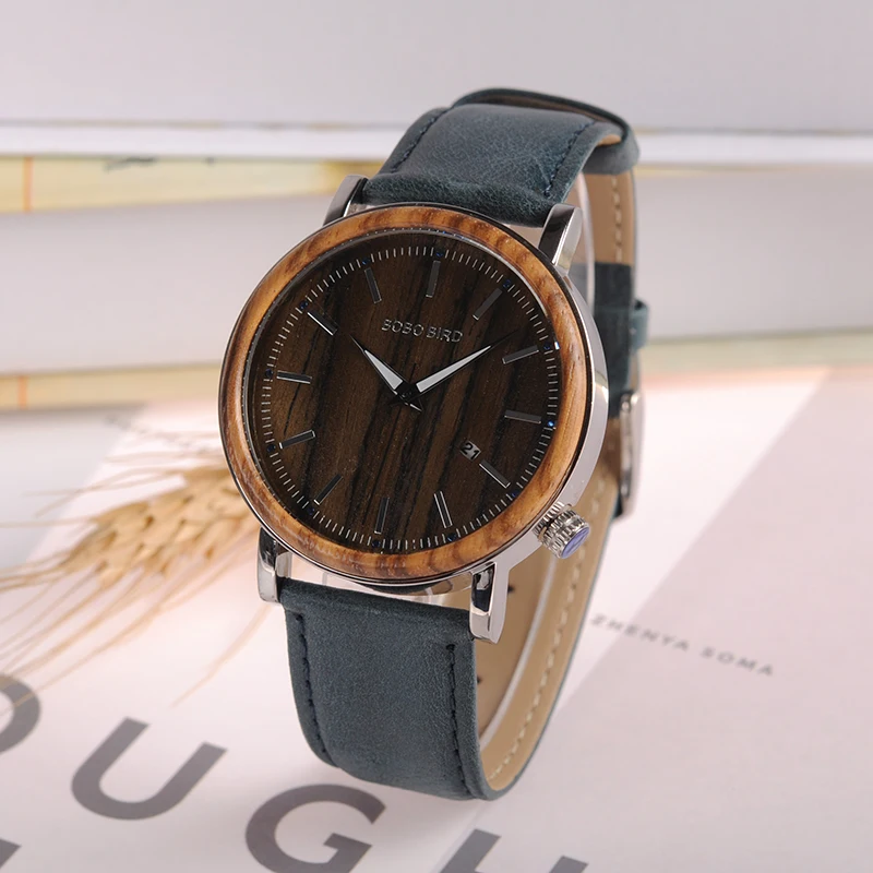 BOBO BIRD Date Display Men Watch Antique Steel Case Wooden Bezel Dress Watch with Soft Leather in Wood Gift Box