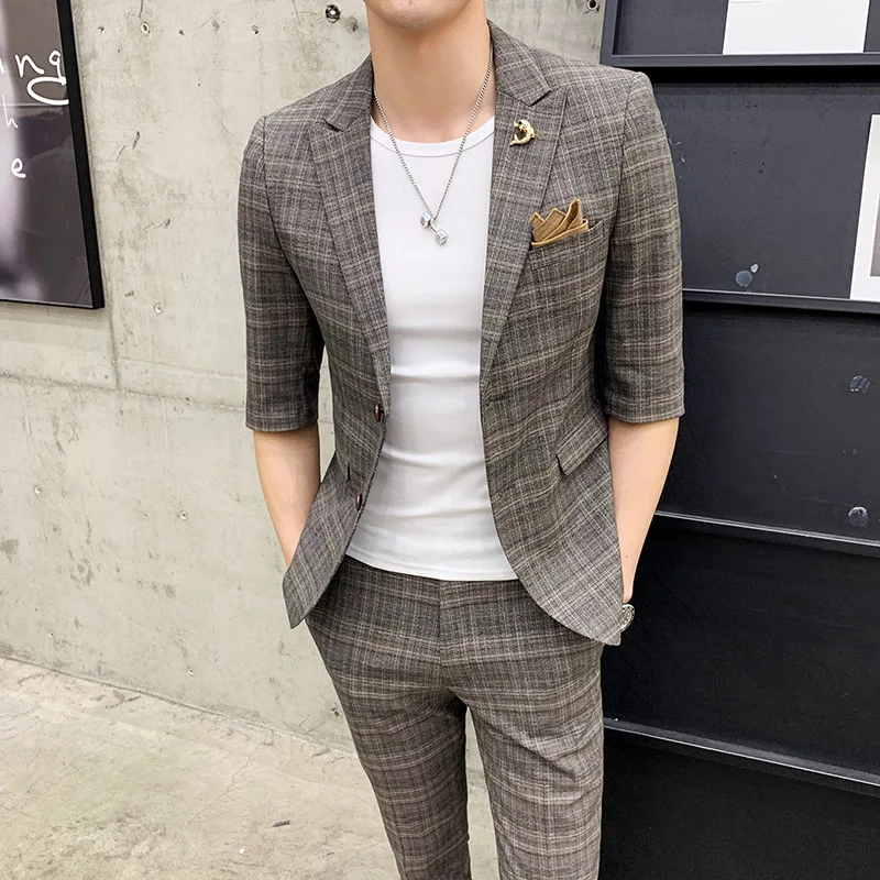 

2019 new men's fashion business casual seven-point sleeve suit/men's solid color plaid slim suit two-piece set/ slim suit men