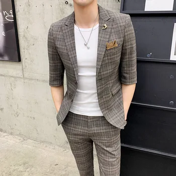 

2019 new men's fashion business casual seven-point sleeve suit/men's solid color plaid slim suit two-piece set/ slim suit men