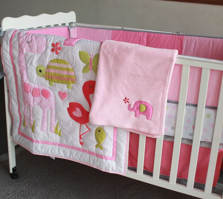 Flamingo Baby Bedding Promotion-Shop For Promotional Flamingo Baby 8 pcs girl baby bedding set embroidery 3D flamingos quilt bedskirt bumper Mattress Cover blanket 100% cotton crib bedding set - Flamingo Baby Bedding Promotion-Shop For Promotional Flamingo Baby