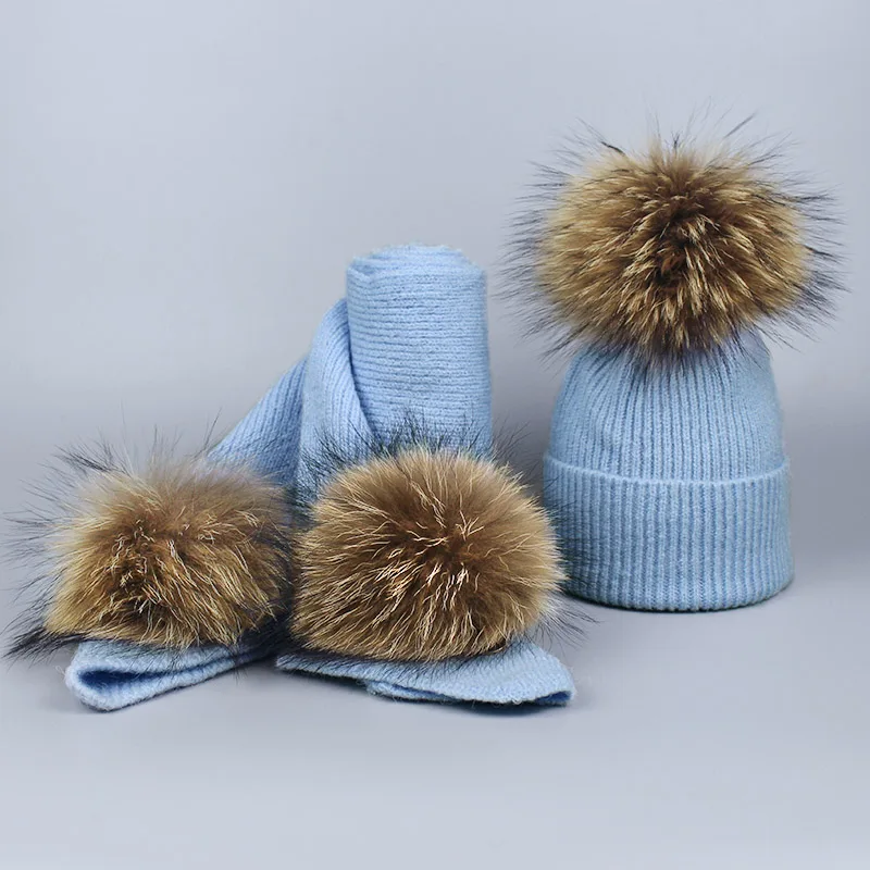 Зимние женские модные вязаные шапки и шарфы с натуральным мехом енота помпоны детская зимняя шапка для новогодних подарков - Цвет: Blue 3 Balls