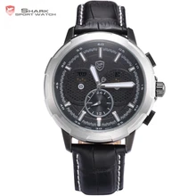 Brand Shark Sport Watch Waterproof Tag Date display Silver case Fashion Clock Black Leather Band 6 Hands Quartz-watch / SH356