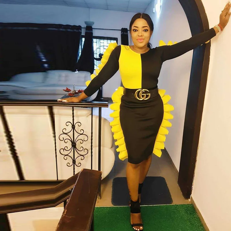 

Fashion Ruffles Party Dress Female Sexy Long Sleeves Bandage Club Bodycon Dress Vestidos Black Yellow Patchwork Dresses Clothing