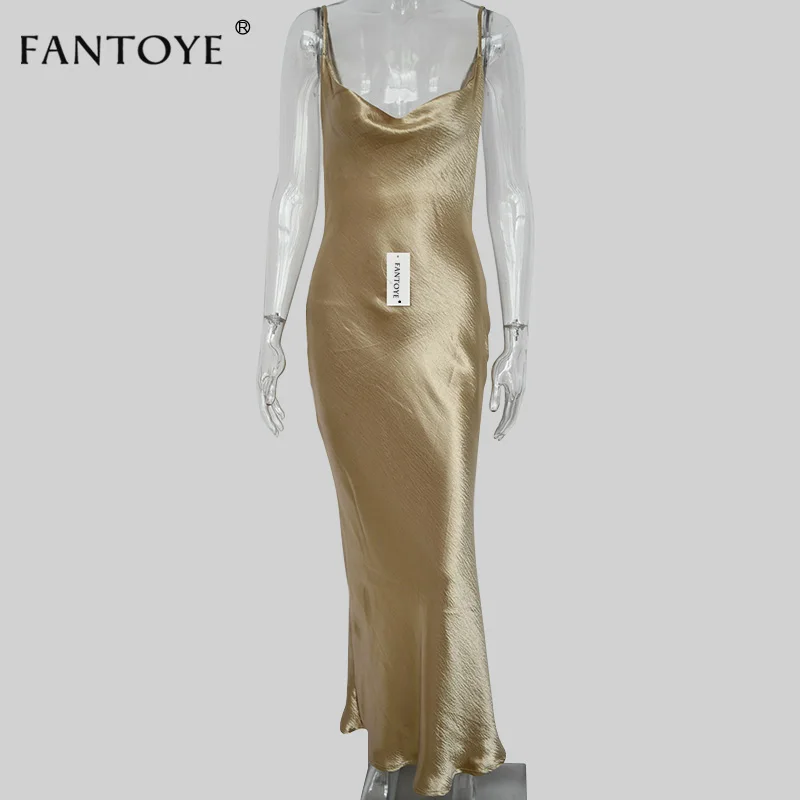Женское атласное платье-комбинация Fantoye, золотистое длинное платье на тонких бретельках с открытой спиной, элегантное вечернее шелковое платье макси, для ношения осенью