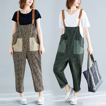 

2019 Spring New Summer Pants Leopard Printed Denim Strap Pants Female Pocket Stitching Ankle-length Jumpsuits XL-01