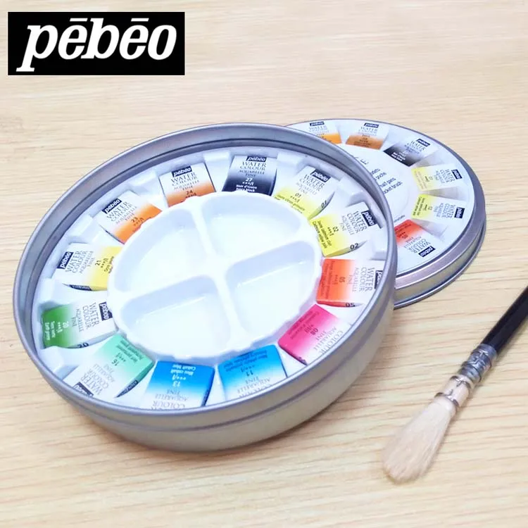 

PEBEO WATERCOLOUR AQUARELLE FINE Solid Watercolor Paint Set Round Metal Box 12 Color 24 Watercolor Art Supplies