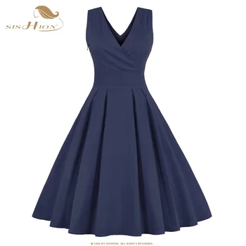 

SISHION S-4XL Plus Size Women Dress Double V Neck Blue Swing Casual Retro 50s 60s Rockabilly Vintage Dress Tunic Vestidos VD0410