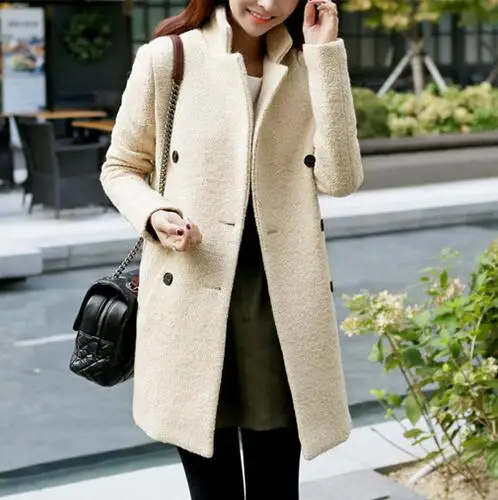 beige Зимнее шерстяное пальто женское новое модное корейское бежевое двубортное пальто тонкий толстый жакет с длинными рукавами большой размер XXL G380 - Цвет: beige