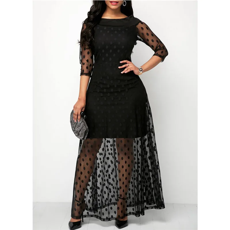 Long Dress New Plus Size Three Quarter Sleeve Polka Dot Mesh Boho Women's Party Maxi Dress Dresses Woman Party Night Party Dress Long Dress New Plus Size Three Quarter Sleeve Polka Dot Mesh Boho Women's Party Maxi Dress Dresses Woman Party Night Party Dress