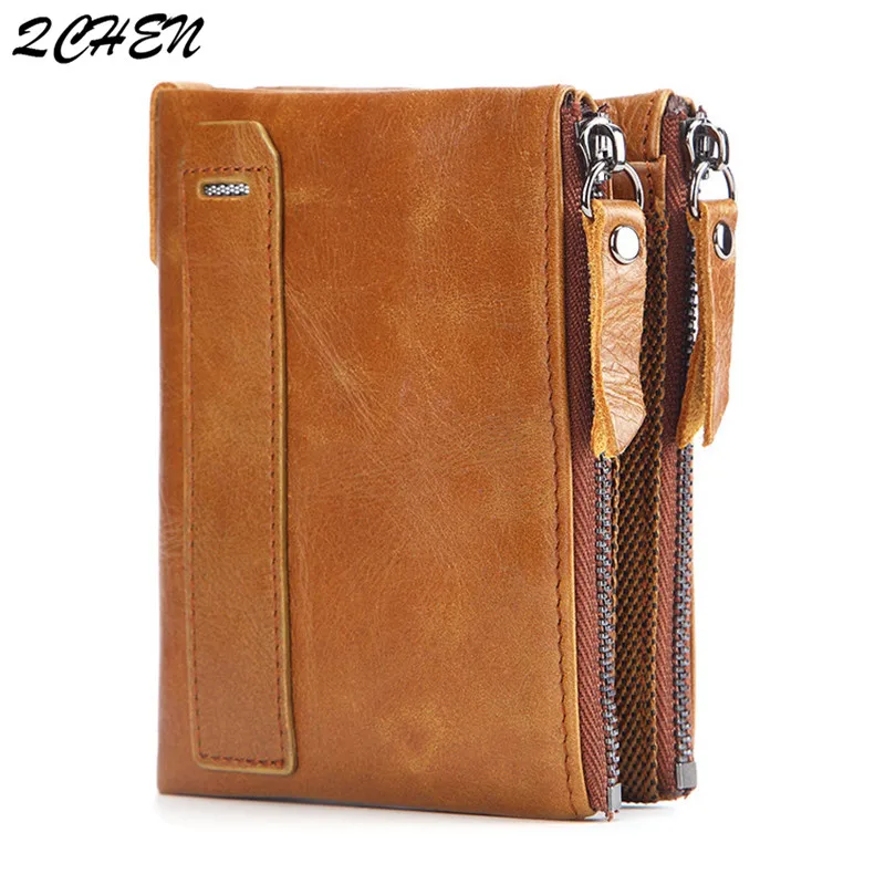 Men's wallet leather short coin coin purse oil wax leather double zipper purse first layer leather wallet fashion brand 341
