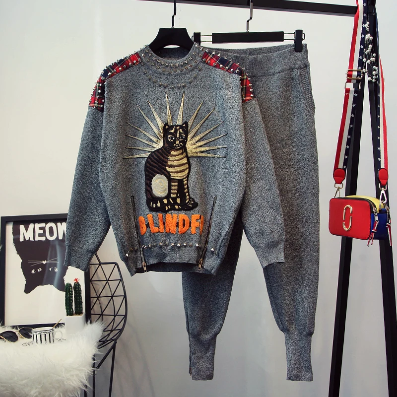 

Tracksuits The Women's European Standing Rivets Embroidered For Knit Sweater Leisure Pants Two Suitsfull 2 Piece Set Women