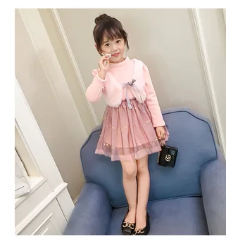 

Girls Dress 2017 New Winter Dresses Children Clothing Princess Dress Pink Long Sleeve Wool Bow Design Girls Clothes