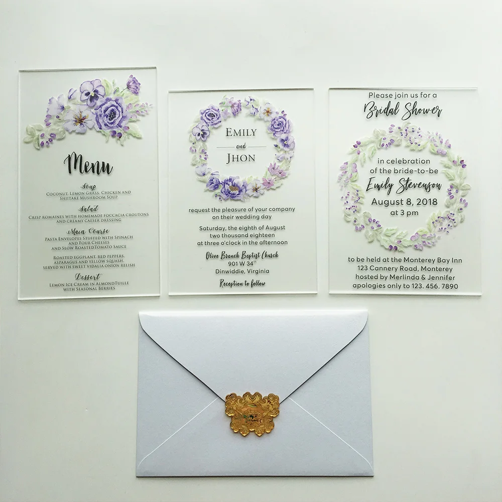  Fantastic Floral Watercolor Style 5x7inch Frosted Acrylic Wedding Invitation Card Set 20sets Per Lo - 32866090138
