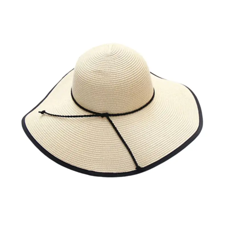 النساء السيدات فو الروطان Bowknot القش مرن قبعة للوقاية من الشمس كبيرة واسعة بريم طوي نشمر الأشعة فوق البنفسجية حماية قابل للتعديل شاطئ كاب