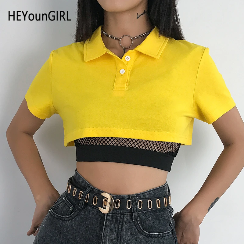 

HEYounGIRL Super Short Harajuku Yellow Tee Shirt Femme Casual Korean Ladies T Shirt Cotton Smocked Women Tshirt Top Summer 2019