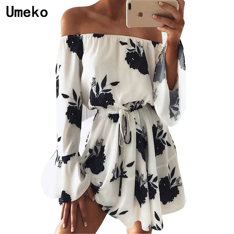 

New Fashion 2019 Summer Womens Off Shoudler Casual Dress Elegant Female Flare Long Sleeve Floral Ladies Short Dress