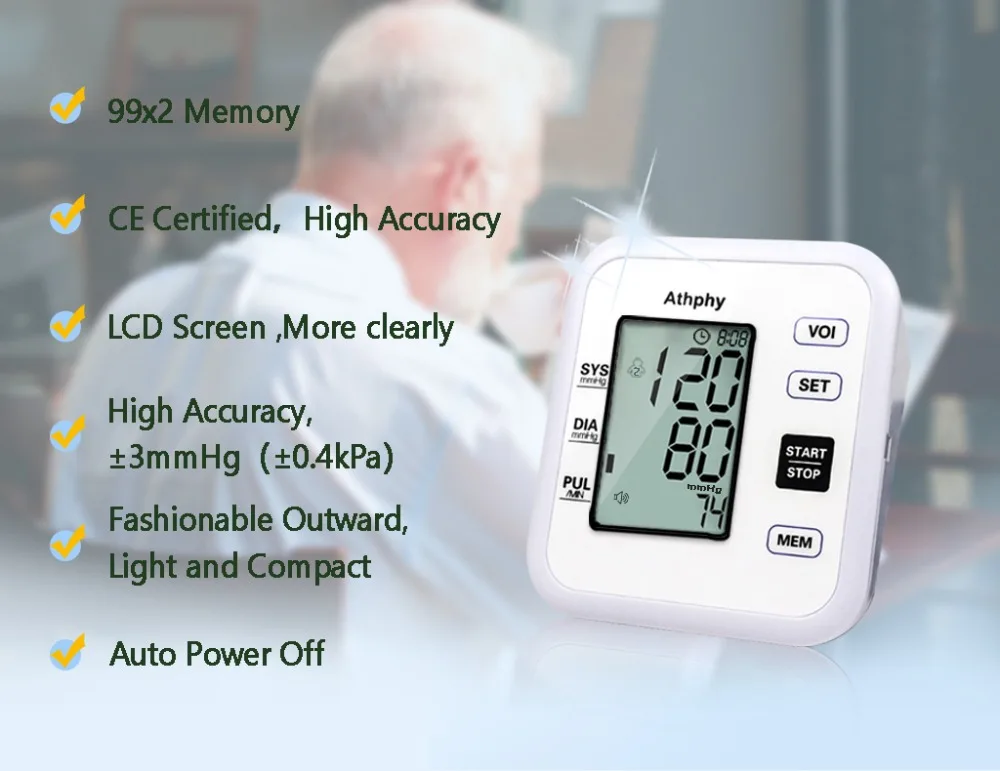 Athphy Digital Blood Pressure Monitor LCD Upper Arm Heartbeat Test Tonometer Automatic Measure Meter