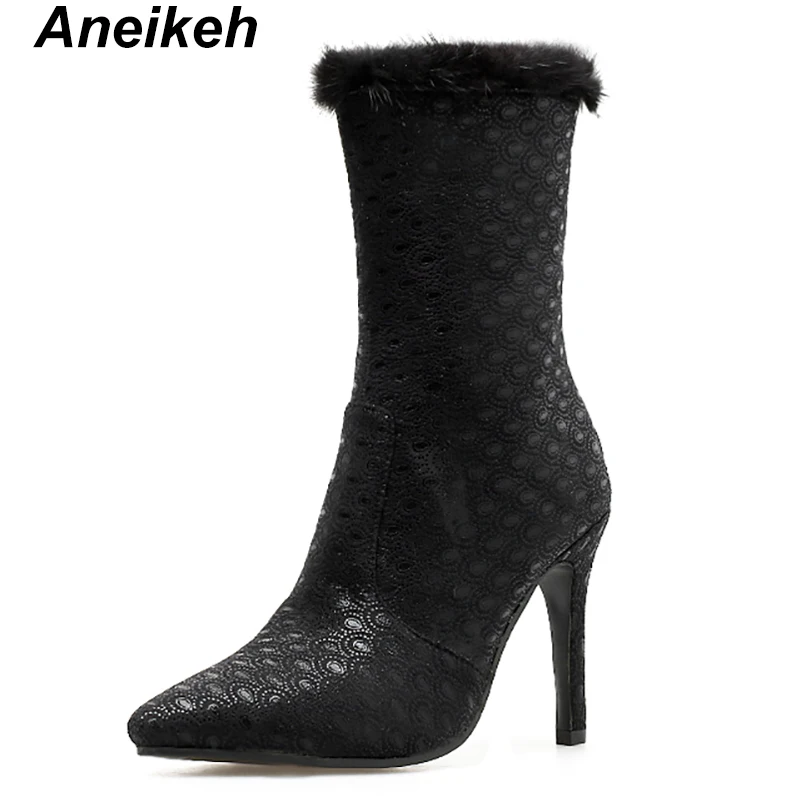 

Aneikeh 2019 Concise Flock Women Ankle Boots Sexy Zipper Thin High Heels Pointed Toe Party Office Sandals Boots Black Size 35-40