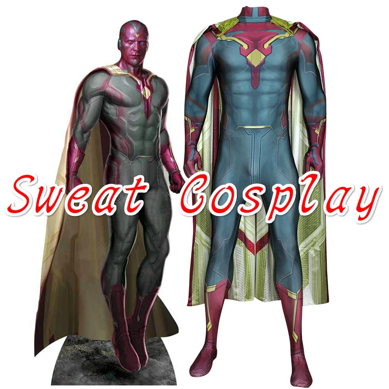 

High Quality Custom Made Avengers Age of Ultron Vision Cosplay Costume With cape Hero Spandex Zentai Suit Cosplay Costume