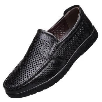 

0050 New Summer Air-permeable Hollow-out Leather Shoes Soft-soled Antiskid Shoes for Middle-aged and Old Men
