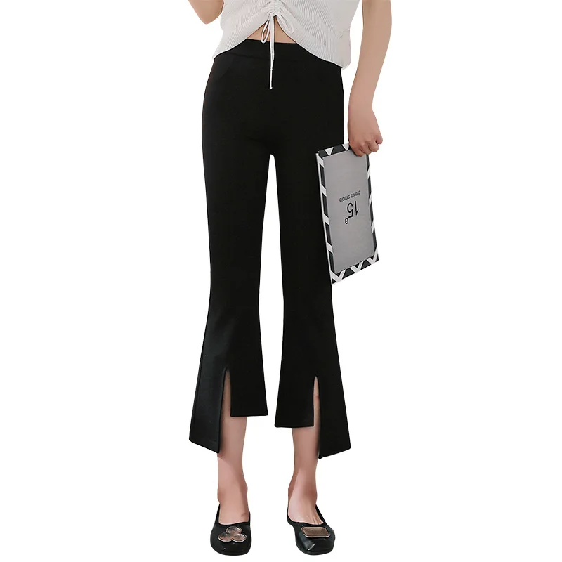 Split casual flare pants Korean version of high waist stretch fashion temperament nine pants women wide leg plus size trousers Split casual flare pants Korean version of high waist stretch fashion temperament nine pants women wide leg plus size trousers