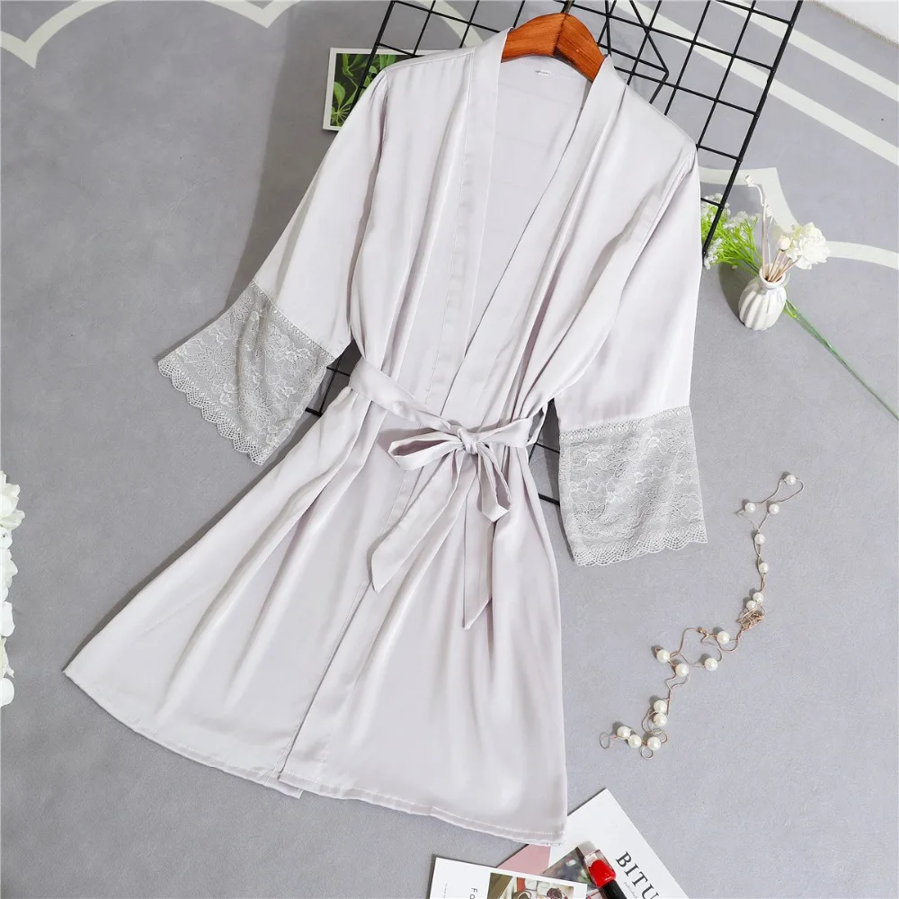 Herislim женский Шелковый Атласный короткий халат, однотонное кимоно, сексуальный кружевной Халат с отделкой, пеньюар для невесты, подружки невесты, халат, модный Халат