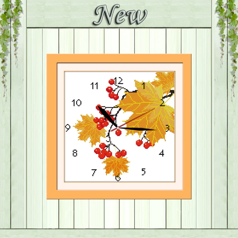 Golden years Maple leaves clock painting counted print on canvas DMC 14CT 11CT Chinese Cross Stitch Needlework Set Embroider kit | Дом и сад