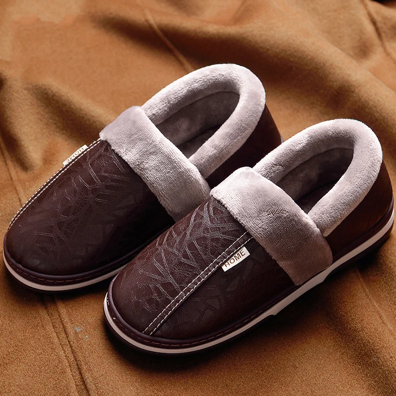 2019 Men Leather Slippers Winter Memory Foam size 40 49 Indoor Slipper ...