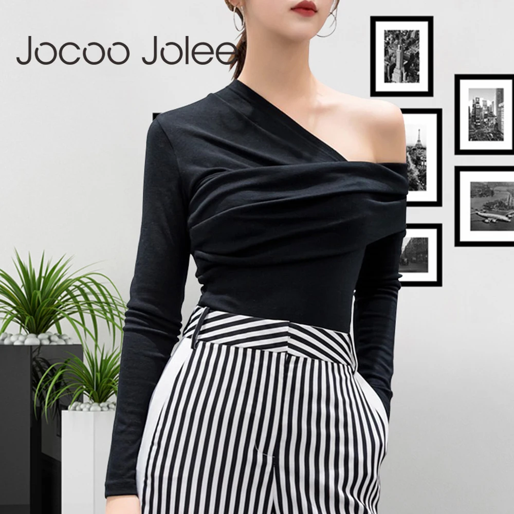 

Jocoo Jolee Sexy Off Shoulder Asymmetric Women's T-shirts Tops Female Slim Long Sleeve Fashion Black T Shirt Autumn 2019