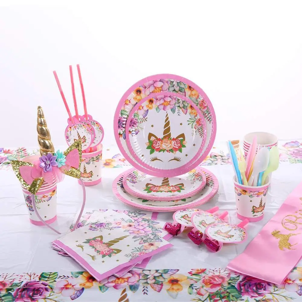 

Unicorn Party Supplies Kids 1st Birthday Unicorn Tablecloth Paper Cups Napkin Banner Cake Topper Wedding Baby Shower Decorations