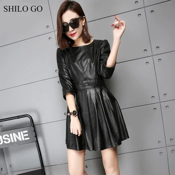 

SHILO GO Leather Dress Womens Spring Fashion sheepskin genuine leather dress O Neck half sleeve office lady pleated dress