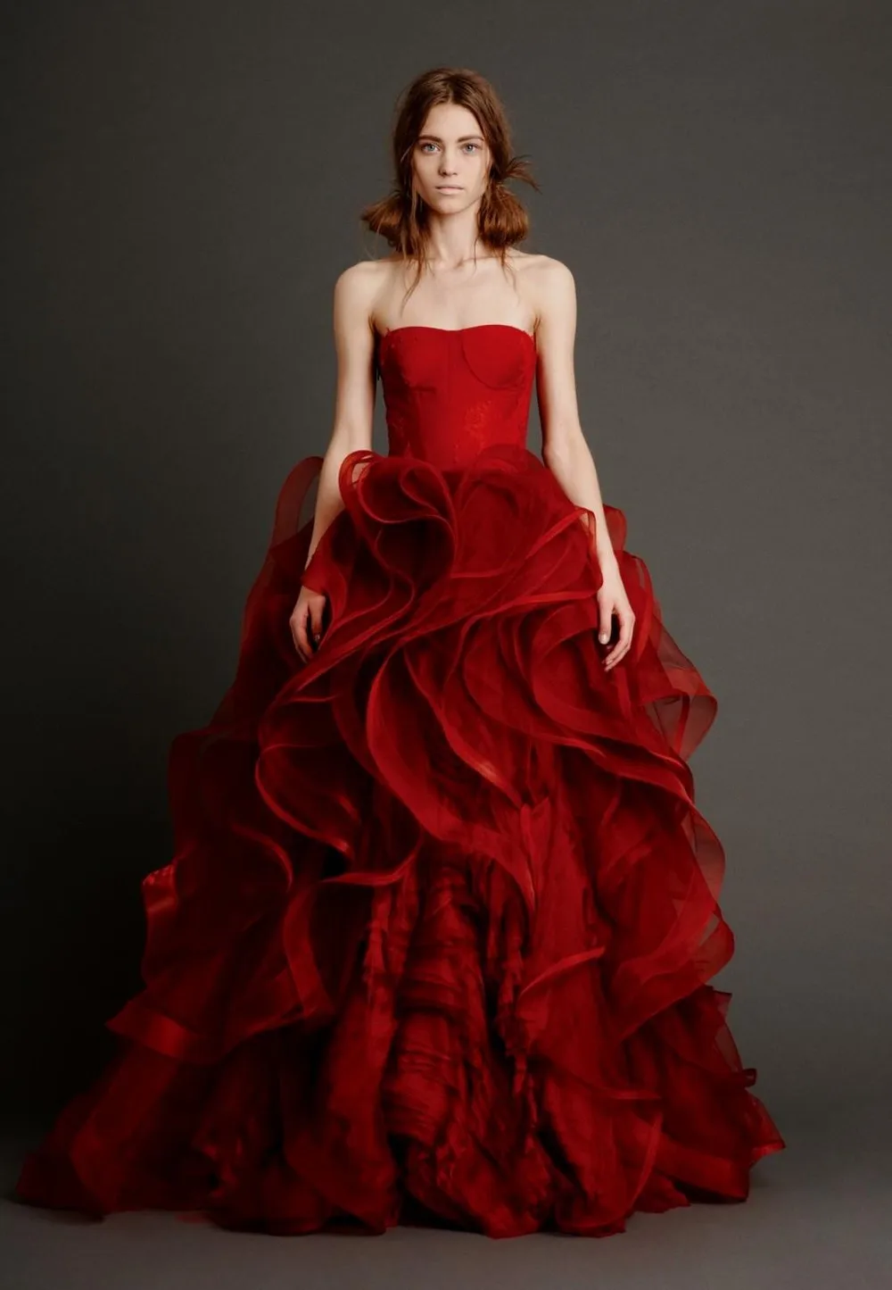 red wedding dress Vermillion strapless wedding wear Ruffled Bodice ...