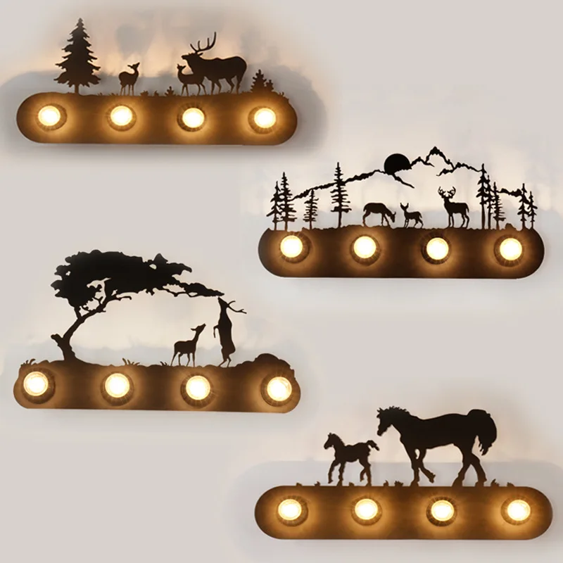 

Vintage Tree Elk Dutch Windmill Totoro Cowherd and Weave LED Wall Lamps Light Bedside Wall Shelf Industrial Home Cafe Decoration