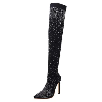 

2020 Fashion Boots Runway Crystal Stretch Fabric Sock Boots Pointy Toe Over-the-Knee Heel Thigh High Pointed Toe Woman Shoes