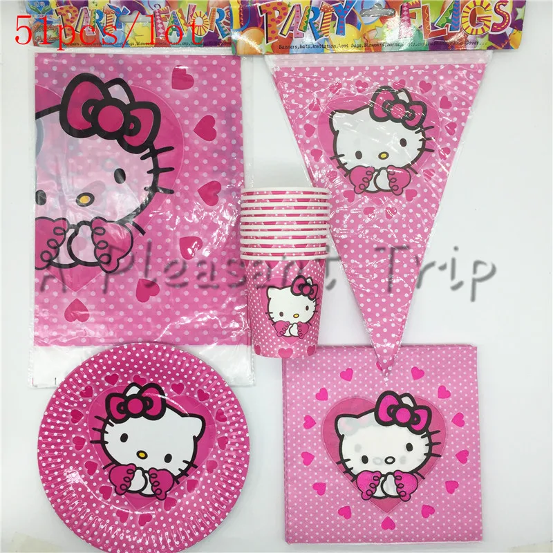 51pcs/lot Lovely Pink Hello Kitty Package Party Supplies Favorite Children Girl Birthday Party