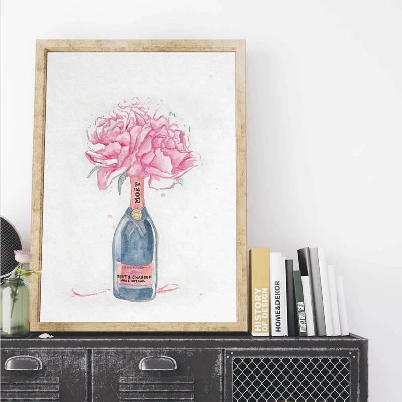 

Watercolor Champagne Poster Prints Wall Art Rose Gold Peony Canvas Painting Wall Picture for Living Room Home Decor