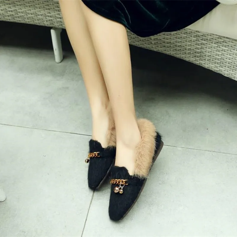Fourrure Slip La Nouveau Chaussures Mode Carré Troupeau Ballerines 2018 kaki Mocassins À Taille marron Cosmagic Chaînes Femmes L'intérieur Métal Plus Noir Casual Bateau Sur Bout Pdw7qUzx