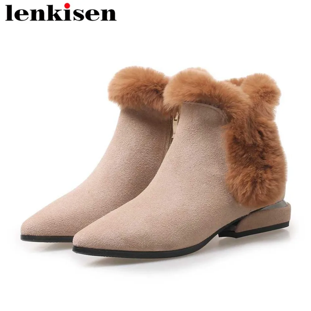 Lenkisen класса люкс с мягким мехом однотонная обувь для девушек; туфли на низком каблуке; натуральная кожа популярные туфли с квадратным носком, на молнии; женские зимние теплые зимние сапоги L15