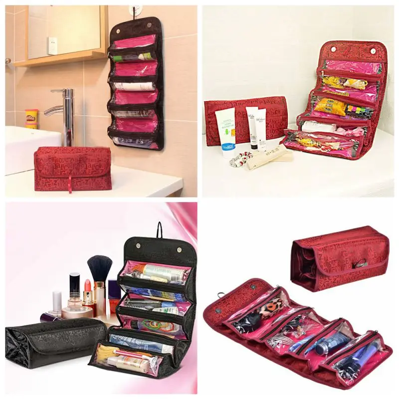 

2019 Portable Travel Roll-up Cosmetic Makeup Case Foldable Organizer Pouch Hanging Toiletry Storage Bags 4 zipper compartment