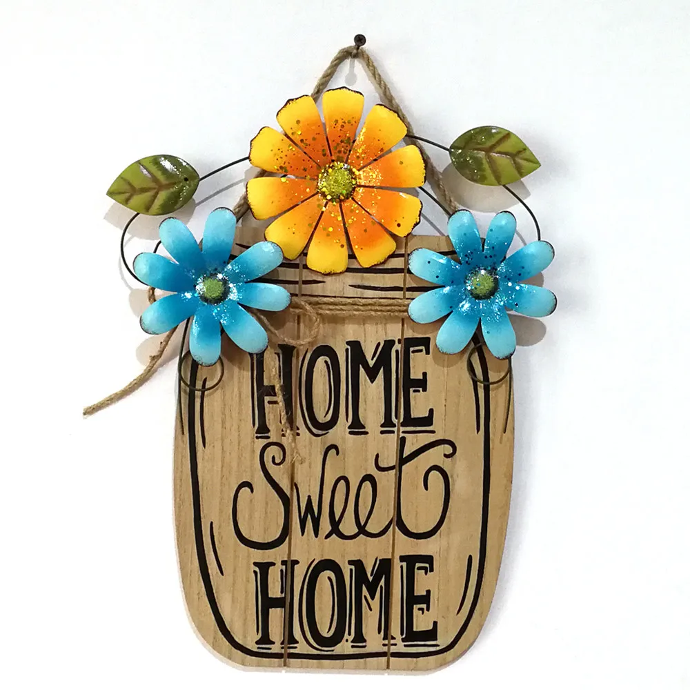 Home decor Easter Garden Flower Basket Metal Hanging Board Wooden