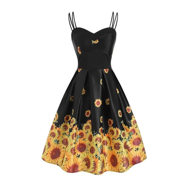 

Summer Vintage Elegant Sexy Black Travel Beach Sunflower Women Midi Dresses Strapless Floral Sweet Female Fashion Retro Dress