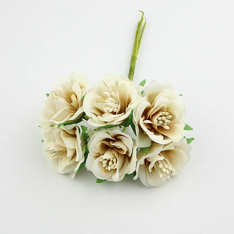 HUADODO 6 шт. 3 см Шелковая Роза искусственная тычинка, цветок букет для скрапбукинга Свадебный Декоративный венок DIY ремесло цветы - Цвет: Light Brown