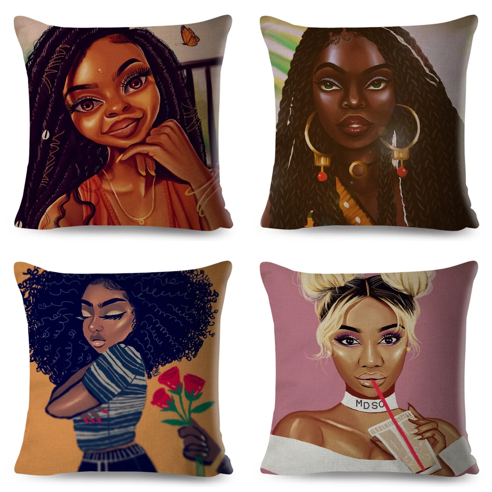 Черный женский красивый чехол для подушки Africa Girl льняной декор цветной