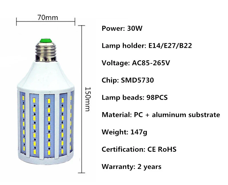 Светодиодный кукурузный светильник E27 SMD5730 10 W-150 W AC85-265V Светодиодная лампа-кукуруза E14/E40/B22 светодиодный светильник светодиодный Лампа Внутреннее освещение