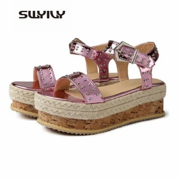 

SWYIVY Chunky Snandals Woman Flatform Hemp Rope Heel Summer Shoes Casual Female 2019 New Platform Sandals For Woman 42 Plus Size